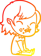 warm gradient line drawing of a cartoon vampire girl with blood on cheek