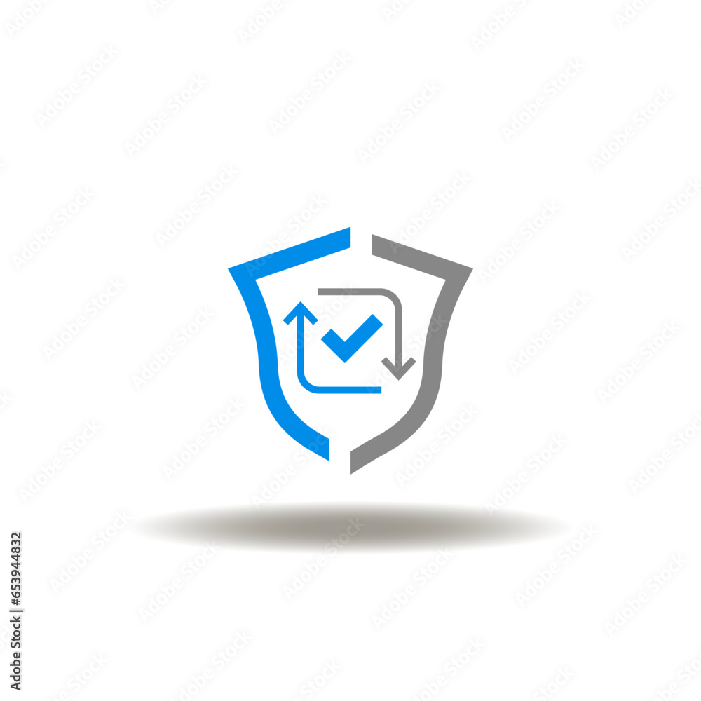 Poster vector illustration of shield and cycle arrows with check mark. icon of safety first. symbol of prot