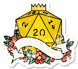 grunge sticker of a natural twenty D20 dice roll