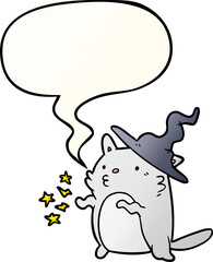 magical amazing cartoon cat wizard with speech bubble in smooth gradient style