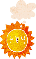 cartoon sun with thought bubble in grunge distressed retro textured style
