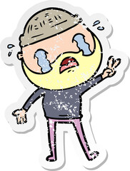 distressed sticker of a cartoon bearded man crying
