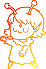 warm gradient line drawing of a cartoon alien girl dancing