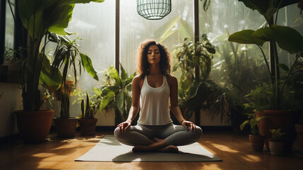African Woman doing yoga at home with plants.  - obrazy, fototapety, plakaty