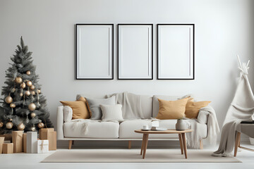 Three blank vertical photo frame mock up in scandinavian style living room interior, modern living room interior background, christmas decorations and cozy sofa - obrazy, fototapety, plakaty