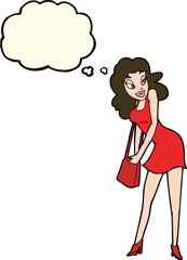 cartoon woman looking in handbag with thought bubble
