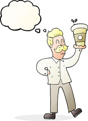 freehand drawn thought bubble cartoon man with coffee cups