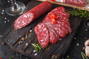 spices and pieces of dry-cured sausage with lard, vintage wooden cutting board, on a black isolated...