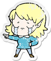 distressed sticker of a cartoon crying elf girl
