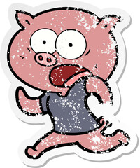 distressed sticker of a cartoon pig running away