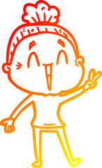 warm gradient line drawing of a cartoon happy old lady