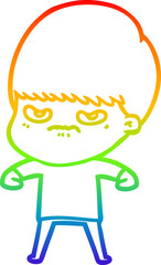 rainbow gradient line drawing of a cartoon angry boy
