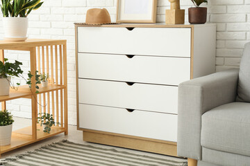 Interior of light living room with drawers, sofa and shelving unit, closeup