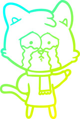 cold gradient line drawing of a cartoon crying cat