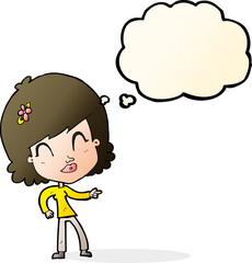 cartoon happy woman pointing with thought bubble