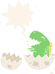 cartoon dinosaur hatching from egg with speech bubble in retro style