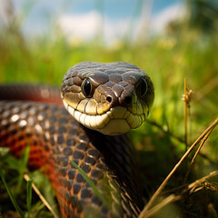 Obraz premium Close-up of impressive snake inside the grass. Creeping and agile hissing snake hunting in the late afternoon. Dangerous snake.
