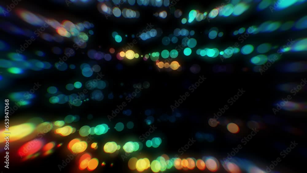 Poster 4k colorful particles. motion background. neon particle. on black backdrop. animated overlay. defocu