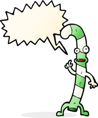 cartoon dancing christmas candy cane with speech bubble