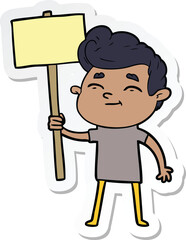 sticker of a happy cartoon man with sign