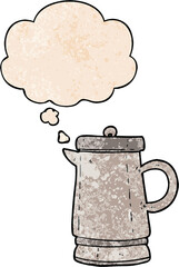 cartoon old kettle with thought bubble in grunge texture style