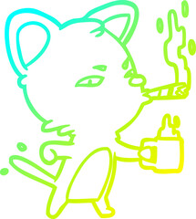 cold gradient line drawing of a serious business cat with coffee and cigar