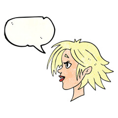 freehand speech bubble textured cartoon happy female face