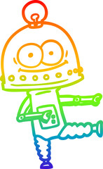 rainbow gradient line drawing of a happy carton robot with light bulb