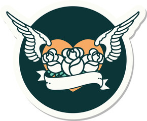 sticker of tattoo in traditional style of a flying heart with flowers and banner