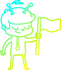 cold gradient line drawing of a friendly cartoon spaceman with white flag