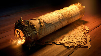 Surreal illustration of legendary scroll with flame effect. Legendary parchment rolled up with majestic golden shine. Epic scroll. - obrazy, fototapety, plakaty