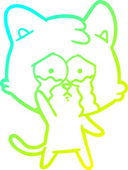 cold gradient line drawing of a cartoon crying cat