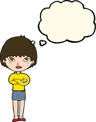 cartoon woman with crossed arms with thought bubble