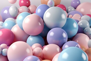 Abstract 3D render featuring pastel balls, pink and blue balloons. Generative AI
