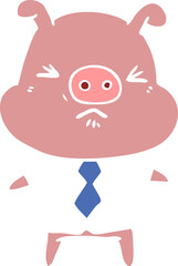 flat color style cartoon angry pig in shirt and tie