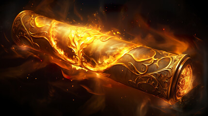 Surreal illustration of legendary scroll with flame effect. Legendary parchment rolled up with majestic golden shine. Epic scroll. - obrazy, fototapety, plakaty