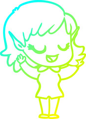 cold gradient line drawing of a happy cartoon elf girl