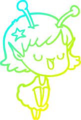 cold gradient line drawing of a happy alien girl cartoon