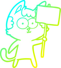 cold gradient line drawing of a happy cartoon cat with sign