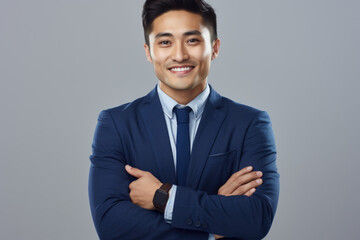 Confident portrait of young Asian business man dressed in sharp blue suit and blue shirt, exuding professionalism and confidence.