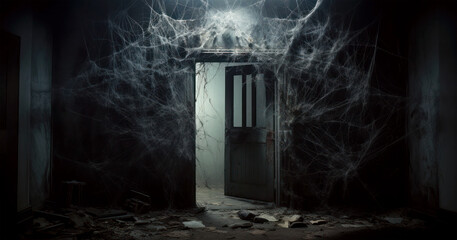 Dark creepy dim lit room with large old cobwebs / spiderwebs with open door in the center