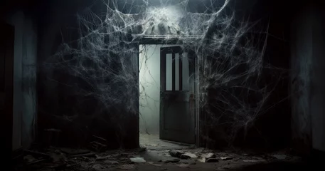 Photo sur Plexiglas Vielles portes Dark creepy dim lit room with large old cobwebs / spiderwebs with open door in the center