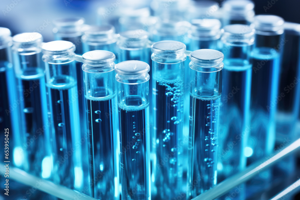 Poster collection of test tubes filled with blue liquid. perfect for scientific experiments and laboratory 