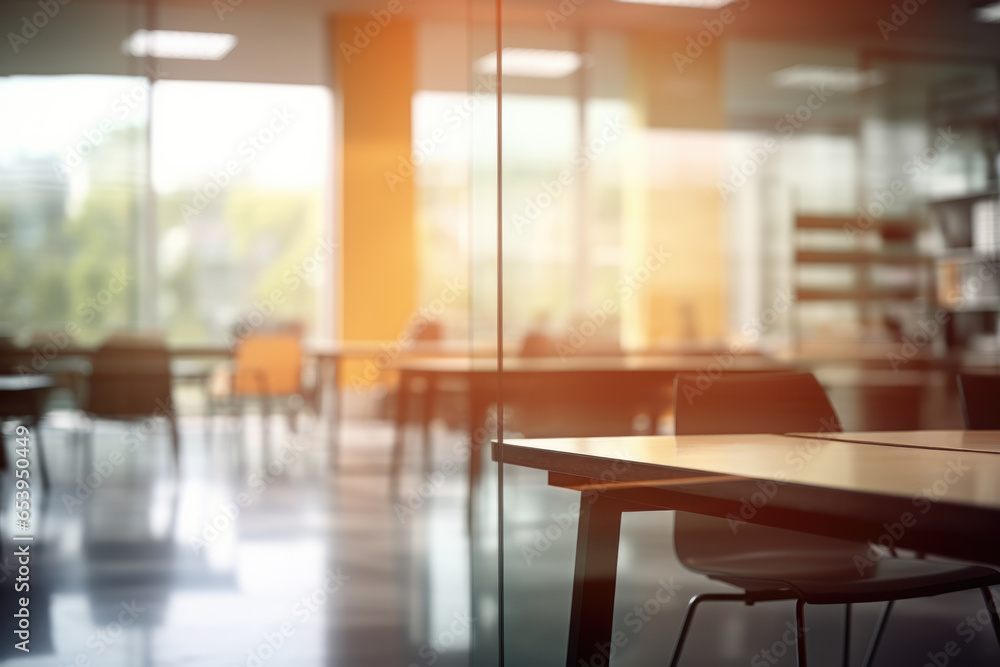 Poster picture of table and chairs set in room with expansive windows. this image can be used to showcase m