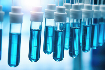Row of test tubes filled with blue liquid. Can be used for scientific research or laboratory experiments.