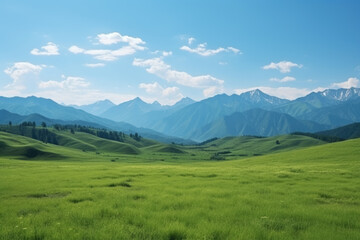 Captivating scenery showcasing lush green hills and majestic mountains under a clear blue sky. Perfect for nature, travel, and serene-themed projects.