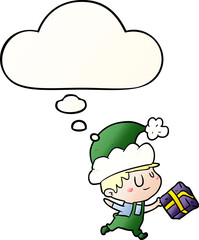 cartoon happy christmas elf with thought bubble in smooth gradient style