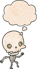 cartoon skeleton with thought bubble in grunge texture style