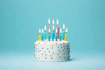 Vibrant image featuring a birthday cake adorned with lit candles, set against a cheerful blue background. Perfect for celebrations, joy, and festive-themed visuals.
