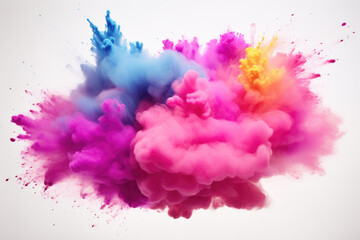 Fototapeta na wymiar Colorful powder explosion captured against a clean white background. Ideal for vibrant celebrations and dynamic concepts.